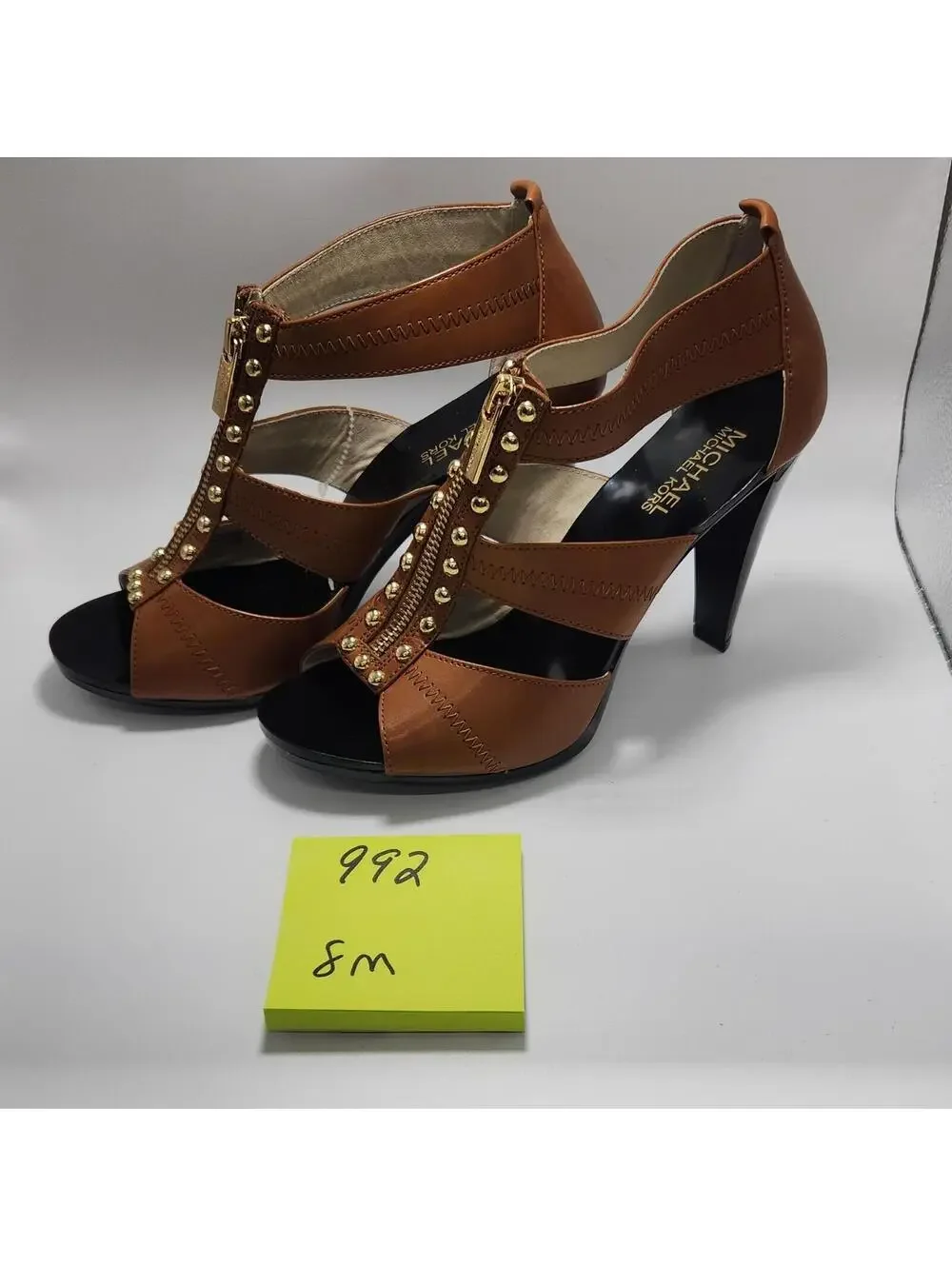 MICHAEL Michael Kors Women’s Leather Strappy Open Toe Zip Studded Brown 8M - Picture 3 of 5